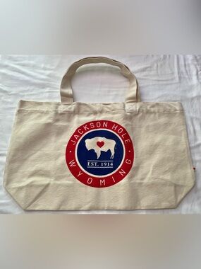 Jackson Hole Wyoming Cream Canvas Tote Bag with Red & Blue Logo